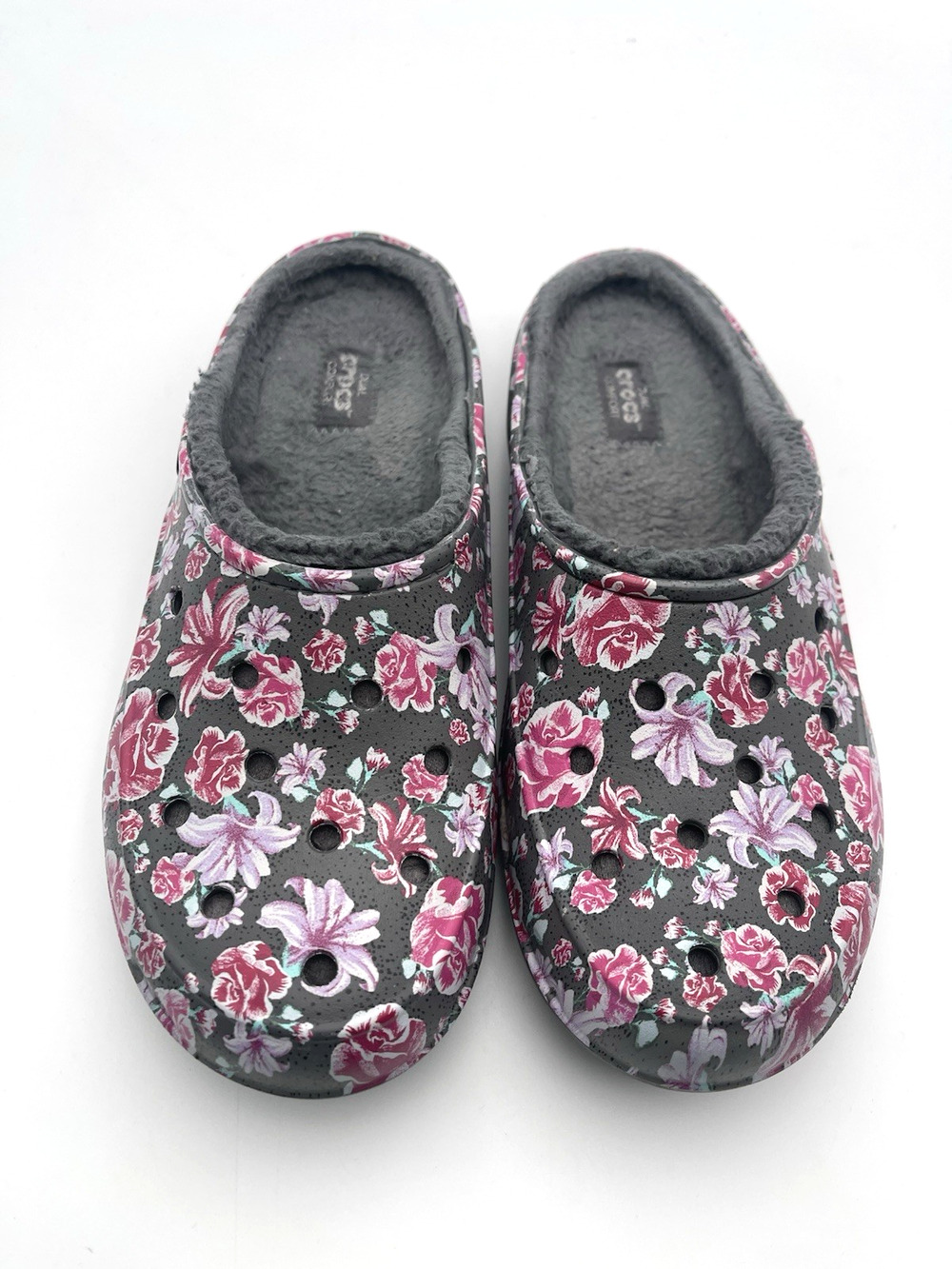 Crocs Womens Floral Design Slides Shoes Size 8 Gray Slip On Comfort